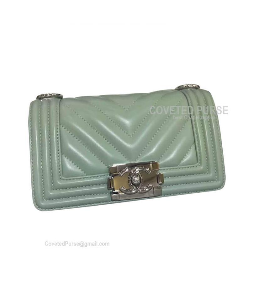 Chanel Boy Bag Small In Matcha Green Lambskin Chevron With Shiny Silver HW