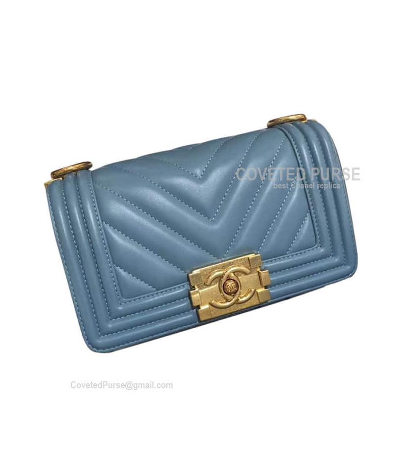 Chanel Boy Bag Small In Haze Blue Lambskin Chevron With Gold HW