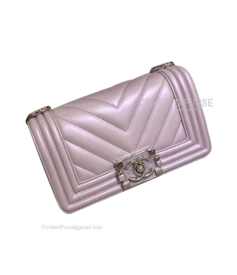 Chanel Boy Bag Small In Pearl Pink Lambskin Chevron With Shiny Silver HW