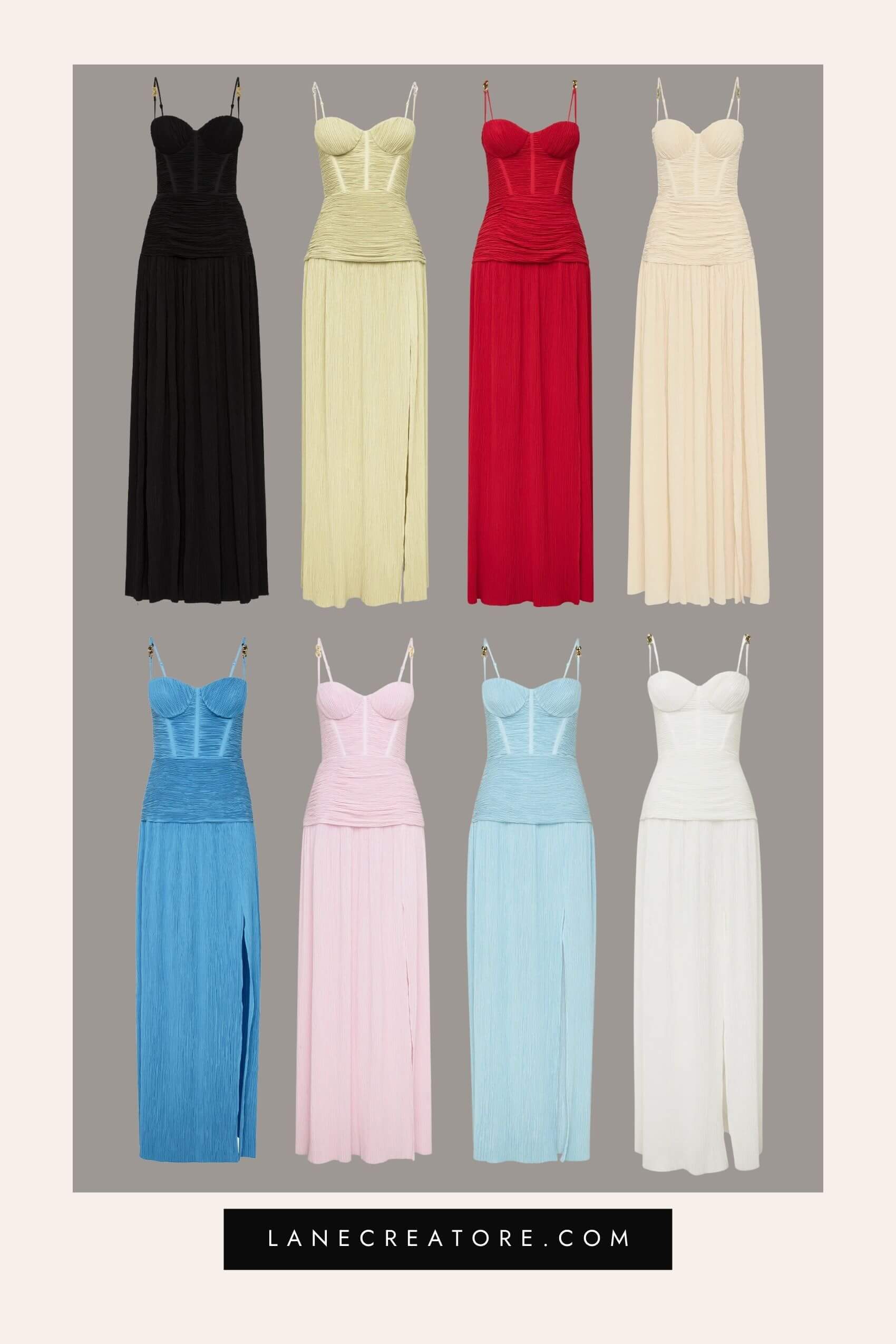 Manning Cartell Double Time Pleat Dress in eight colors: black, yellow, red, ivory, blue, pink, pastel blue, and white